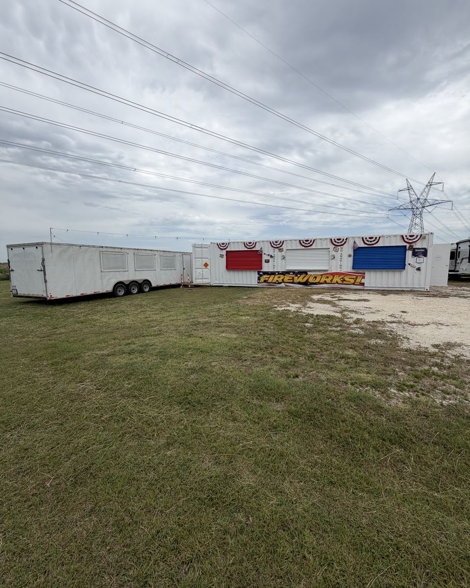 The BoomBox Fireworks stand and trailer set up on the lot in Joshua, TX